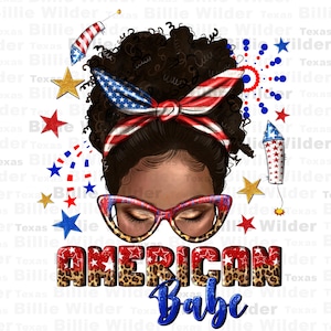 May include: A digital illustration of a Black woman with brown hair styled in a bun, wearing red, white, and blue glasses, a red, white, and blue bandana, and a leopard print shirt with the text "AMERICAN Babe" in red, white, and blue letters. The background is white with stars and fireworks.