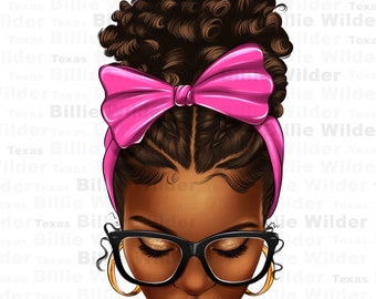 Afro messy bun pink bow png sublimation design download, black woman png, messy bun design png, sublimate designs download