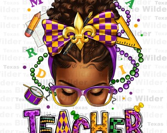 Mardi Gras Teacher afro messy bun png sublimation design download, Happy Mardi Gras png, Mardi Gras png, Teacher's Day png, designs download