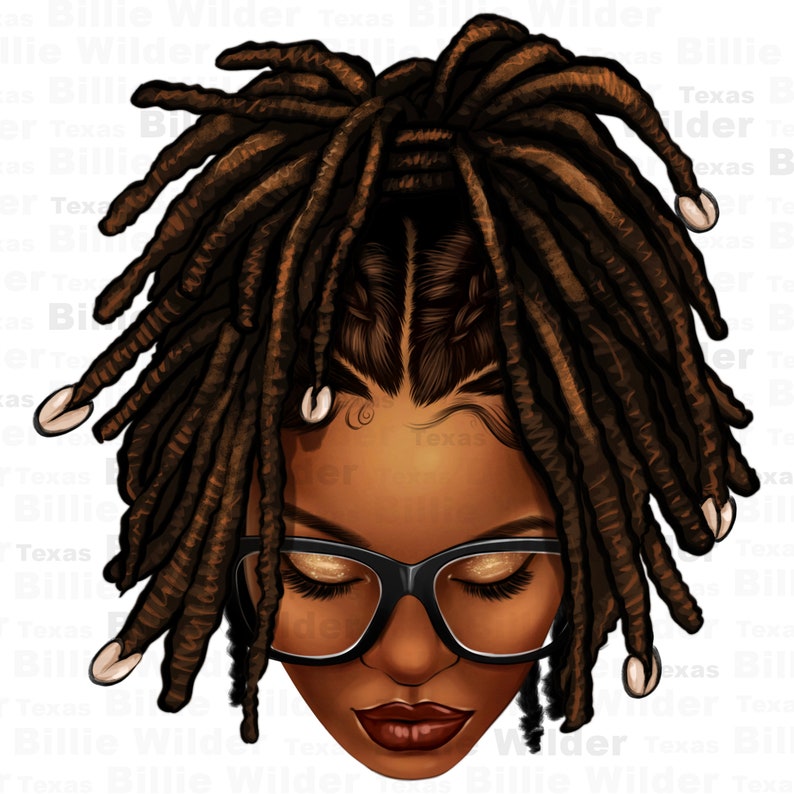 Pu&ograve; includere: Un'illustrazione digitale di una donna con la pelle marrone, che indossa occhiali e dreadlocks marroni con perline bianche. I suoi occhi sono chiusi e sta guardando verso il basso.