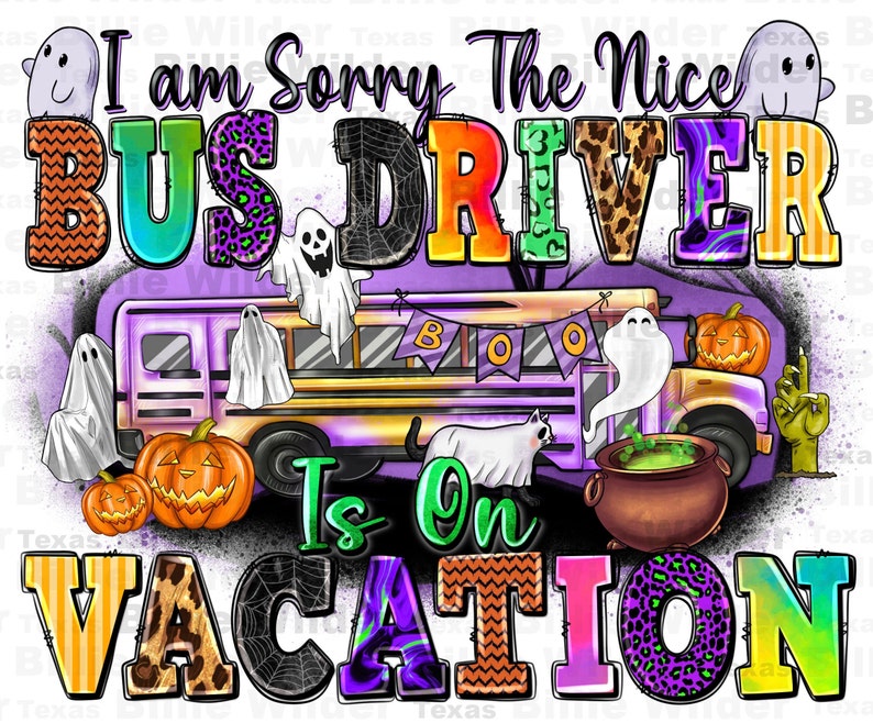 Pu&ograve; includere: Una grafica a tema Halloween con un autobus scolastico viola decorato con fantasmi e zucche. Il testo "Mi dispiace, l'autista di autobus gentile &egrave; in vacanza" &egrave; scritto in lettere colorate con vari motivi.