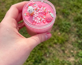 Strawberry Cow Slime: Pink Thick Glossy, Foam Beads, Strawberry Charm, Scented