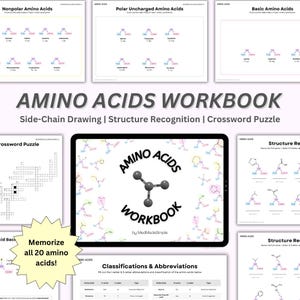 May include: A workbook titled "Amino Acids Workbook" with pages displaying amino acid structures, classifications, and a crossword puzzle. The workbook includes the text "Side-Chain Drawing | Structure Recognition | Crossword Puzzle". The cover features a molecular diagram.