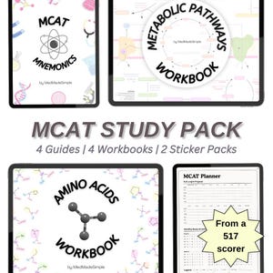 May include: An MCAT study pack featuring four digital tablets displaying educational content. Screens show titles including MCAT Mnemonics, Metabolic Pathways Workbook, Amino Acids Workbook, and MCAT Planner. Text includes 4 Guides, 4 Workbooks, 2 Sticker Packs, and From a 517 scorer.