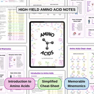 Peut inclure: Ensemble de documents pédagogiques sur les acides aminés. L'image centrale est une tablette affichant "AMINO ACIDS" avec un graphique de structure moléculaire. Autour, diverses notes et feuilles de triche, dont "High-Yield Amino Acid Notes".