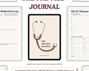 Könnte beinhalten: Ein digitales Pre-Med-Journal mit einer Stethoskop-Grafik auf dem Cover. Das Journal enthält einen MCAT-Planer, ein Reflexionsprotokoll und eine akademische Zeitleiste. Der Text auf dem Cover lautet "The Pre-Med Journal."