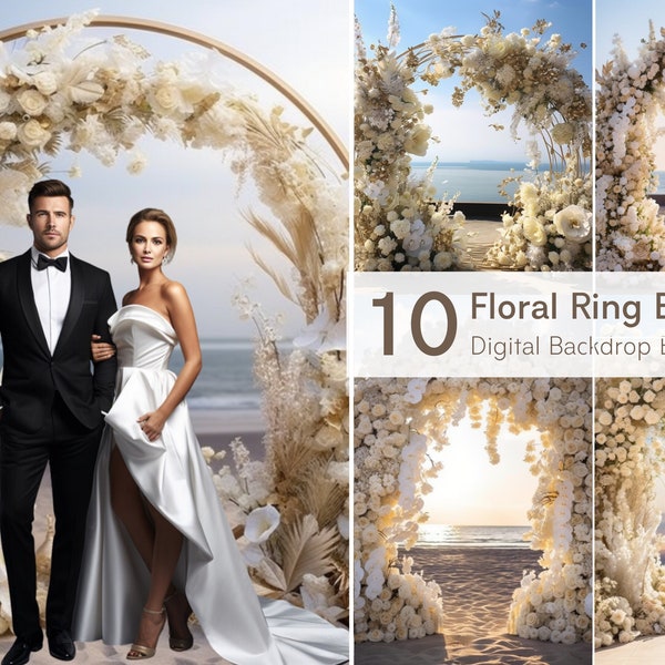 Floral Ring Backdrop Beach Romantic Sun Digital Overlay, Portrait Photo Overlays for Photography png ai, Photoshop Floral Backdrops Wedding