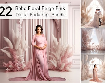 22 Boho Floral Beige Pink Bundle Backdrop, Photography Floral Room, Digital Portrait , Wedding Overlays, Studio Portrait, Photoshop, png ai
