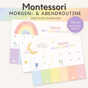 Rotina matinal e noturna Montessori para crianças, plano de rotina com motivo de arco-íris, cartões de rotina diária, quadro de brinquedos Montessori para quarto infantil