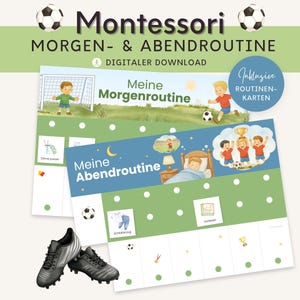 Rotina matinal e noturna Montessori para crianças, plano de rotina com tema de futebol, cartões de rotina diária, quadro de brinquedos Montessori, quarto infantil