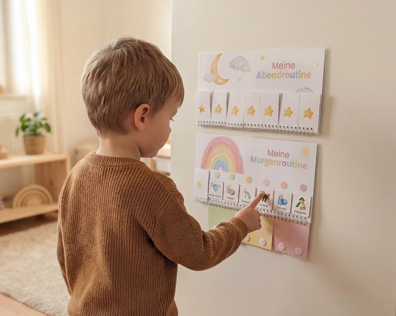 Kleiner Junge steht vor seinem Montessori Routineplaner Regenbogen an der Wand und zeigt selbstständig auf eine Routinekarte der Morgenroutine