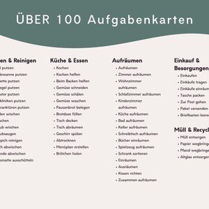 May include: A white and sage green informational card titled "&Uuml;BER 100 Aufgabenkarten" featuring a categorized list of household chores in German. The text is organized into columns including cleaning, kitchen, tidying, shopping, and recycling tasks.