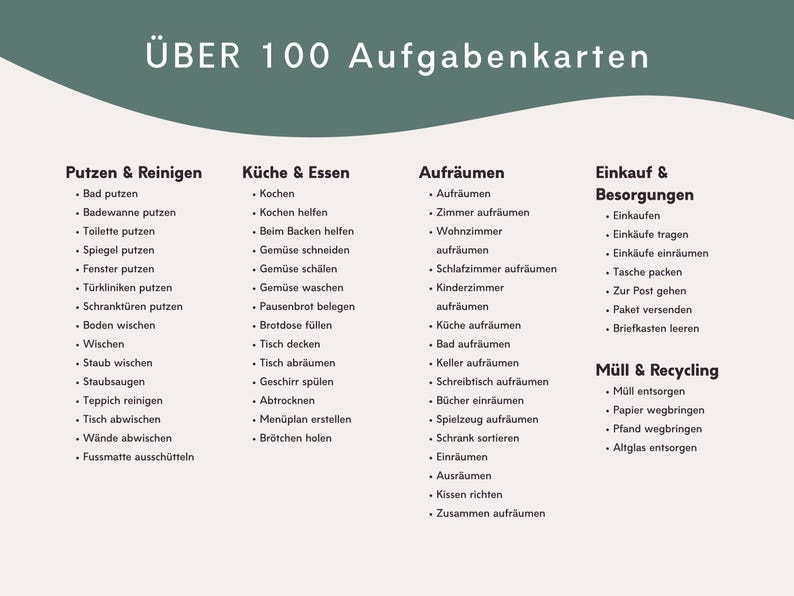 May include: A white and sage green informational card titled "&Uuml;BER 100 Aufgabenkarten" featuring a categorized list of household chores in German. The text is organized into columns including cleaning, kitchen, tidying, shopping, and recycling tasks.
