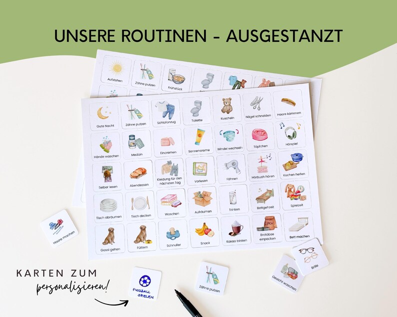 Routinekarten für Kinder mit Morgen- und Abendroutine zum Selbstpersonalisieren. Montessori inspirierter Routineplan zur Förderung von Selbstständigkeit und Struktur im Alltag.