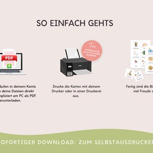 May include: A digital illustration showing how to download and print printable picture cards. The image shows a laptop with a PDF download icon, a printer, and a set of printed picture cards. The text reads "SO EINFACH GEHTS" and "SOFORTIGER DOWNLOAD: ZUM SELBSTAUSDRUCKEN".