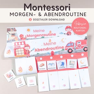 Rotina matinal e rotina noturna Montessori para crianças corpo de bombeiros, plano de rotina com cartões de rotina para imprimir, decoração de parede quarto infantil