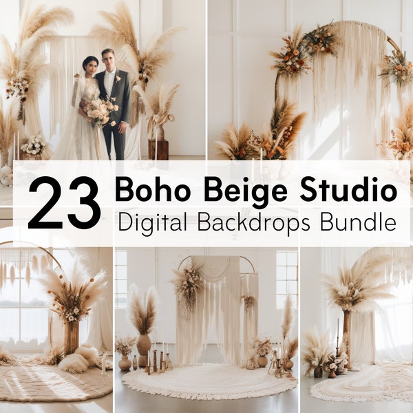 23 Boho Beige Studio Toile de fond numérique Bundle Salle florale Famille Mariage Toile de fond Photoshop Superpositions Portrait Toile de fond Photographie Png