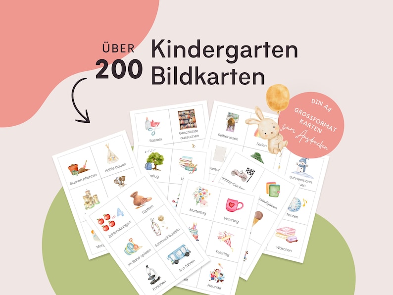 May include: A set of over 200 large format picture cards for kindergarten. The cards feature illustrations of various activities and objects, such as building a house, playing with a toy car, and celebrating Mother's Day. The cards are printed on A4 paper and are ready to be cut out and used.