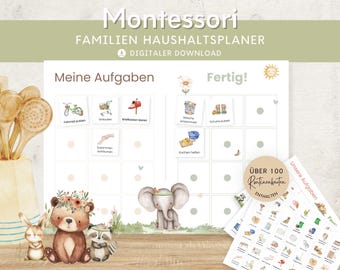 May include: A Montessori family household planner digital download featuring a grid with columns labeled Meine Aufgaben and Fertig. The chart includes illustrated task cards, a bear, an elephant, a rabbit, and a raccoon. A circular badge states ÜBER 100 Routinenkarten ENTHALTEN.