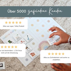 May include: A white chore chart with a rainbow graphic and square tiles featuring task illustrations and German text. The chart includes a grid for tracking tasks, and three white review boxes with five-star ratings and German customer feedback.