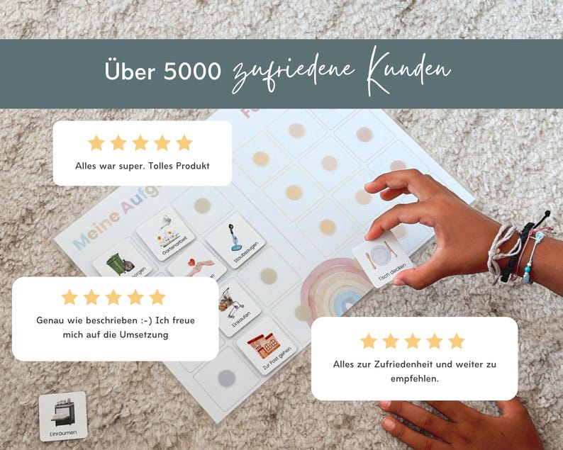 May include: A white chore chart with a rainbow graphic and square tiles featuring task illustrations and German text. The chart includes a grid for tracking tasks, and three white review boxes with five-star ratings and German customer feedback.