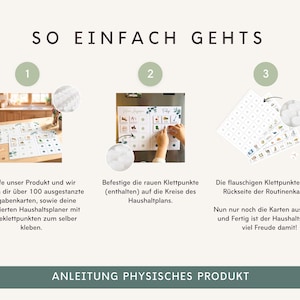 May include: An instructional graphic titled SO EINFACH GEHTS with three steps. It shows laminated chore charts, over 100 punch-out task cards, and adhesive hook-and-loop fastener dots. The visual guide demonstrates how to attach the fasteners to the charts.