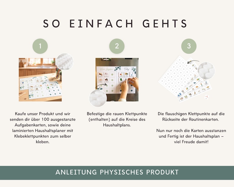 May include: An instructional graphic titled SO EINFACH GEHTS with three steps. It shows laminated chore charts, over 100 punch-out task cards, and adhesive hook-and-loop fastener dots. The visual guide demonstrates how to attach the fasteners to the charts.