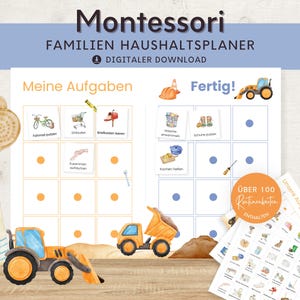 Plano doméstico para escavadeira infantil, lista de tarefas para casa, Montessori para IMPRIMIR, plano de tarefas, plano de limpeza, planejador familiar de organização