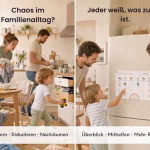 May include: A rectangular magnetic chore chart with the German text Meine Aufgaben and Fertig, featuring colorful icons for daily tasks and a rainbow graphic at the bottom, displayed on a refrigerator to help organize family responsibilities.