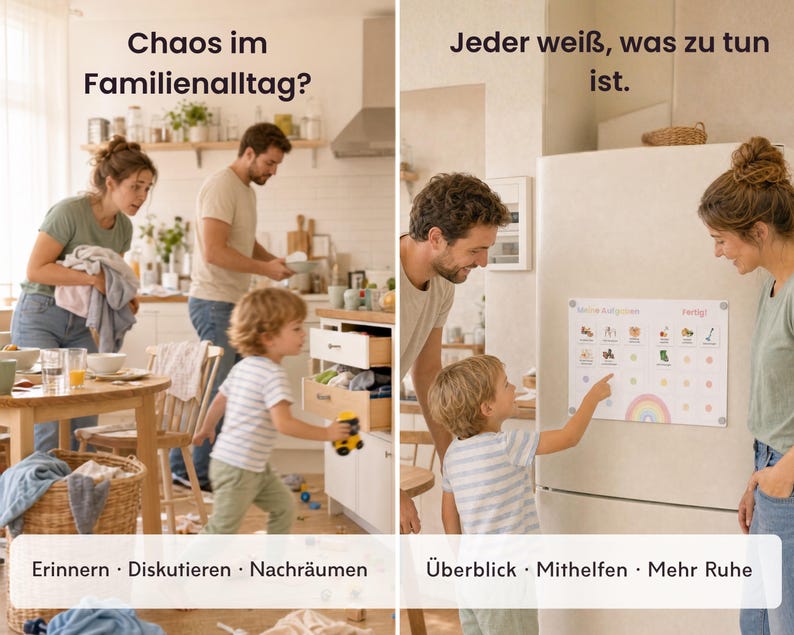 May include: A rectangular magnetic chore chart with the German text Meine Aufgaben and Fertig, featuring colorful icons for daily tasks and a rainbow graphic at the bottom, displayed on a refrigerator to help organize family responsibilities.