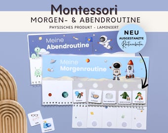 Op de afbeelding: Montessori ochtend- en avondroutinekaart. De kaart heeft een ruimtethema met astronauten, planeten en raketten. De tekst bevat "Meine Morgenroutine" en "Meine Abendroutine". De kaart is gelamineerd en bevat visuele aanwijzingen voor dagelijkse taken.
