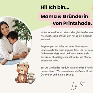 May include: A circular photograph of a person embracing a child, accompanied by text in German that reads Hi! Ich bin... Mama & Gr&uuml;nderin von Printshade. The graphic includes a small sun icon and a watercolor illustration of a bear and a raccoon.