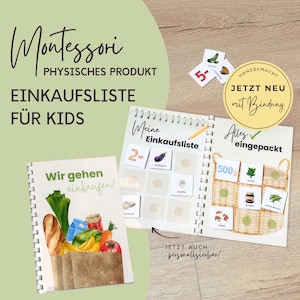 Einkaufsliste für Kinder mit Einkaufskarten personalisiert mit Name, Montessori Spielzeug Geschenkidee Kind, Wochenmarkt mit Einkaufsliste