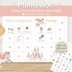 Plano doméstico para crianças unicórnio, lista de tarefas para casa, Montessori para IMPRIMIR, plano de tarefas plano de limpeza, planejador familiar de organização