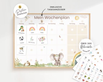 May include: A weekly planner board titled Mein Wochenplan with a wooden frame, featuring a grid for seven days, illustrated with a squirrel and an elephant. Includes small square cards with icons and German text, plus a sheet of over 300 routine cards.