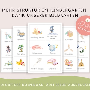 May include: A set of 12 printable picture cards for kindergarten. The cards feature colorful illustrations of activities like brushing teeth, eating breakfast, building a sandcastle, and playing games. The text on the cards is in German.