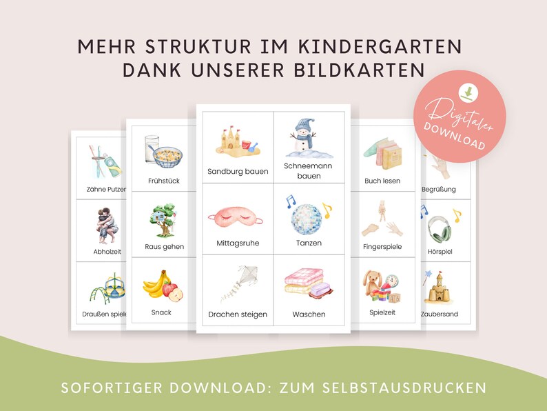 May include: A set of 12 printable picture cards for kindergarten. The cards feature colorful illustrations of activities like brushing teeth, eating breakfast, building a sandcastle, and playing games. The text on the cards is in German.