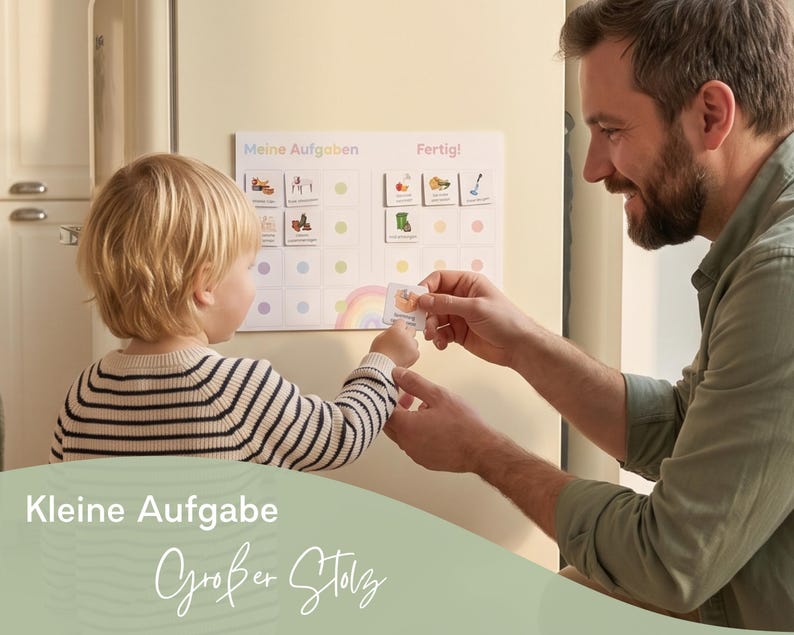 May include: A white magnetic chore chart titled Meine Aufgaben and Fertig with colorful icons and grid spaces. The chart features a rainbow graphic at the bottom and includes small square task cards that can be moved to track daily responsibilities.