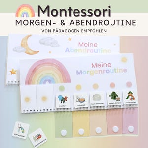 Könnte beinhalten: Ein Montessori Morgen- und Abendroutine-Planer mit Aquarell-Illustrationen von Regenbogen, Mond und Sternen. Das Set enthält interaktive Klappkarten mit deutschen Beschriftungen für tägliche Aufgaben auf einer spiralgebundenen weißen Basis.