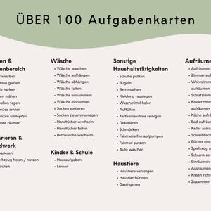 May include: A white and sage green informational card titled "&Uuml;ber 100 Aufgabenkarten" featuring a categorized list of household chores in German. The text is organized into columns including gardening, laundry, repairs, school, cleaning, and pet care tasks.
