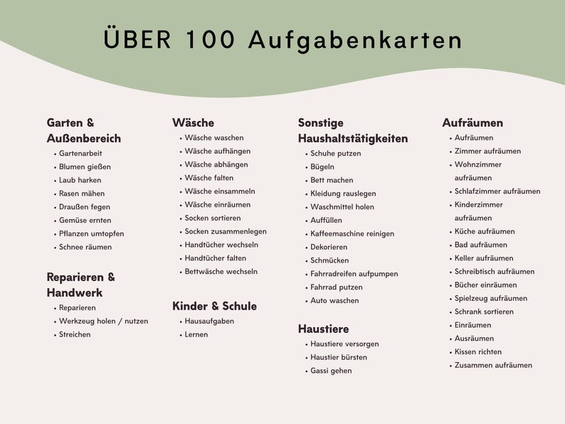 May include: A white and sage green informational card titled "&Uuml;ber 100 Aufgabenkarten" featuring a categorized list of household chores in German. The text is organized into columns including gardening, laundry, repairs, school, cleaning, and pet care tasks.