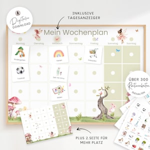 Weekplan voor kind met routinekaarten, weekplan voor kinderen feeën, Montessori om af te drukken, taken Montessori bord kinderkamer