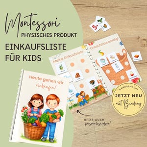 Einkaufsliste für Kinder mit Einkaufskarten personalisiert mit Name, Montessori Spielzeug Geschenkidee Kind, Wochenmarkt mit Einkaufsliste
