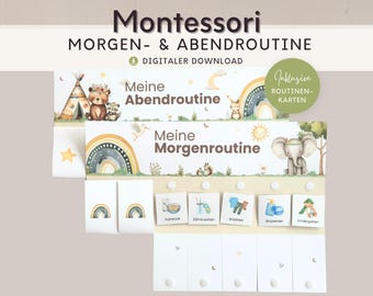 Morning and evening routines for children (Boho style), routines with printable routine cards, Montessori toy kindergarten weekly planner
