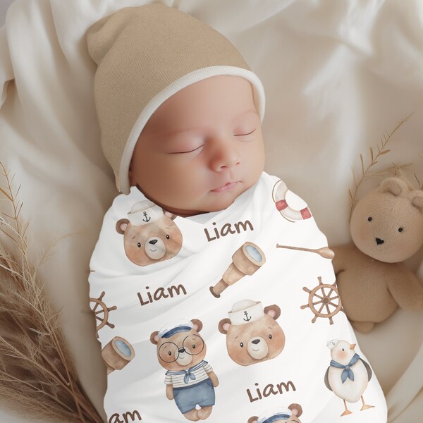 Customized Baby Blanket Teddy Bear Sea Swaddle Newborn Personalized Baby Toddler Gift Name Swaddle Hospital Blanket Baby Shower Gift Idea