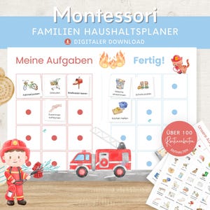 Plan gospodarstwa domowego dla dzieci straż pożarna, lista rzeczy do zrobienia dla gospodarstwa domowego, Montessori do druku, plan zadań plan sprzątania, organizacja planera rodzinnego