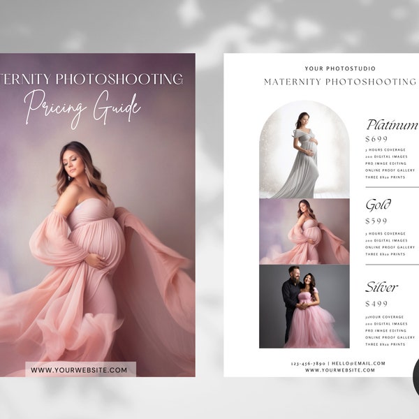 CANVA Zwangerschapsprijsgids Sjabloon Prijsgids voor huwelijksfotografie Prijslijst voor bruiloften Prijslijst voor gezinnen Marketingbrochure Bewerken