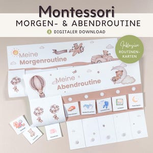 Rotina matinal e noturna Montessori para crianças Ursinho de pelúcia Boho, plano de rotina com cartões de rotina para imprimir para crianças, decoração de parede quarto infantil