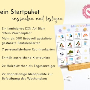 Lieferumfang Montessori Wochenplan: laminierter DIN A4 Plan, über 300 gestanzte Routinekarten, Klettpunkte, Holzplättchen als Tagesanzeiger