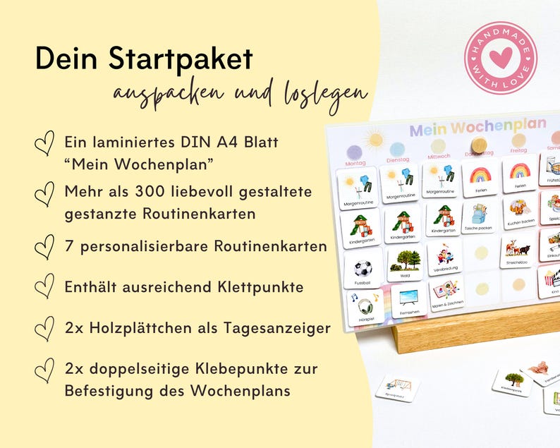 Lieferumfang Montessori Wochenplan: laminierter DIN A4 Plan, über 300 gestanzte Routinekarten, Klettpunkte, Holzplättchen als Tagesanzeiger